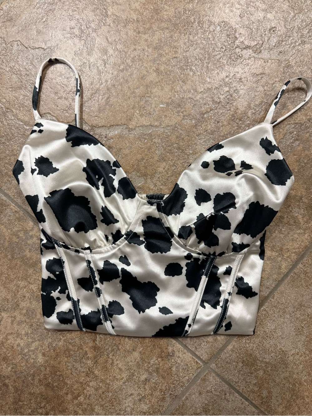 Black & White Cow Print Satin Bustier Crop Top